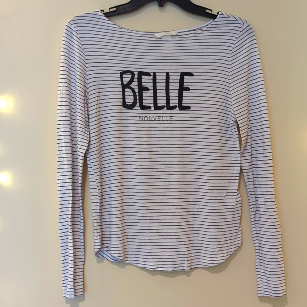 H&M Striped Long Sleeve Belle Nouvelle Graphic Tee Top Black White - Size S
